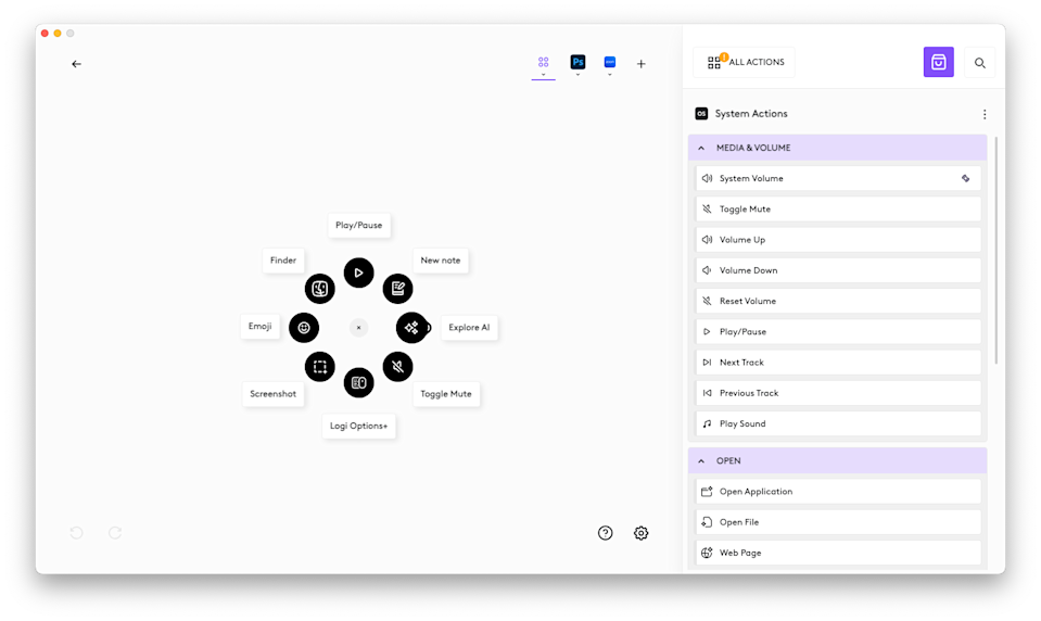 A screenshot of the Logi Options+ app showcasing how you can customize the Actions Ring function built into the Logitech MX Master 4 wireless mouse.