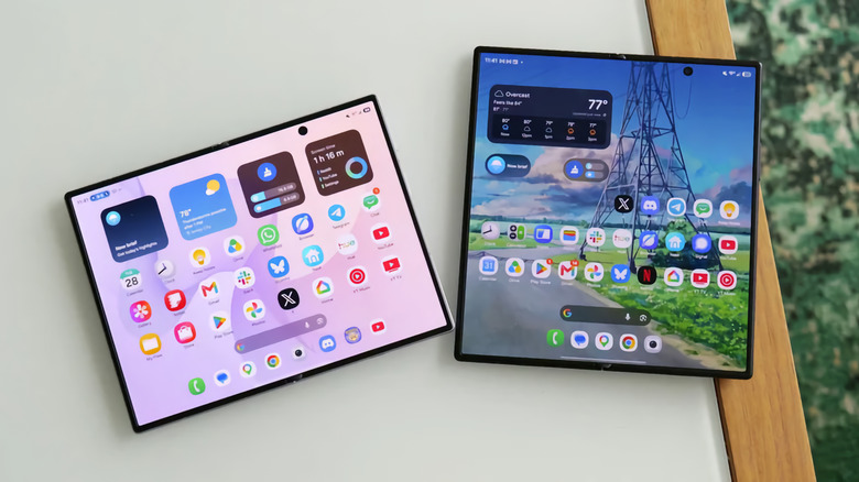An open Galaxy Z Fold 8 next to Z Fold 8 Ultra.
