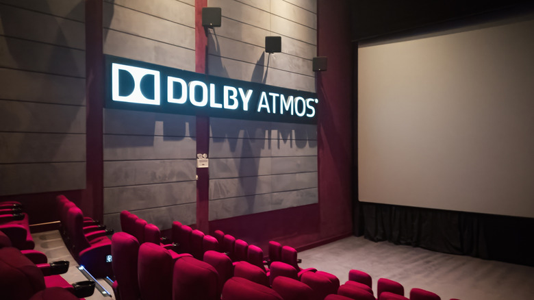 Empty movie theater with Dolby Atmos sound system.