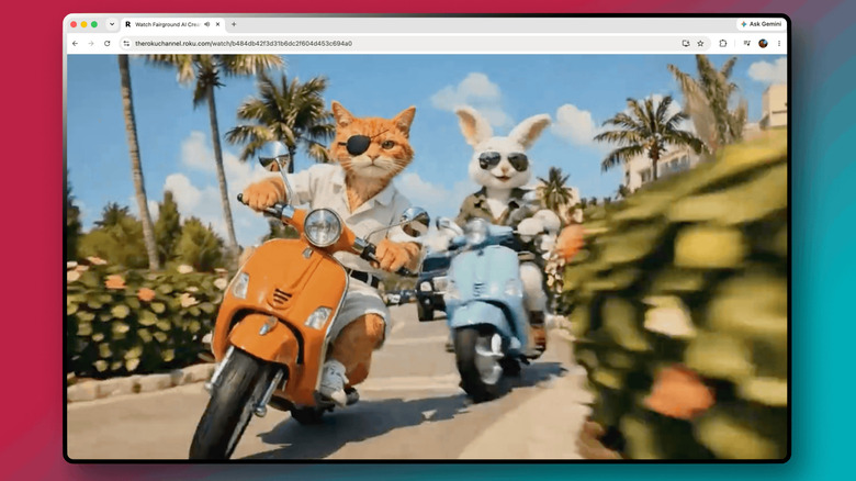 Fairground AI Creator TV playing an AI-generated scene of a cat and rabbit riding scooters.