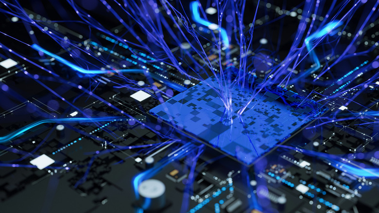 Abstract visualization of data flowing to and from a computer processor on a circuit board.