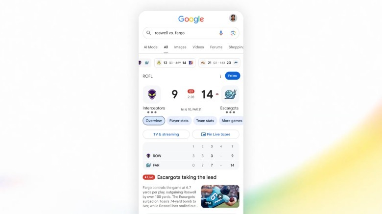 A screenshot of the Live Game Feed in Google Search.