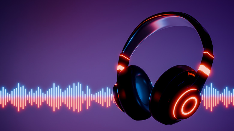 An illustration showing headphones with sound waves in the background.