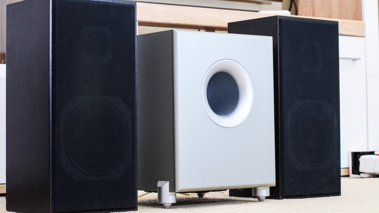 Audio system with speakers and subwoofer.