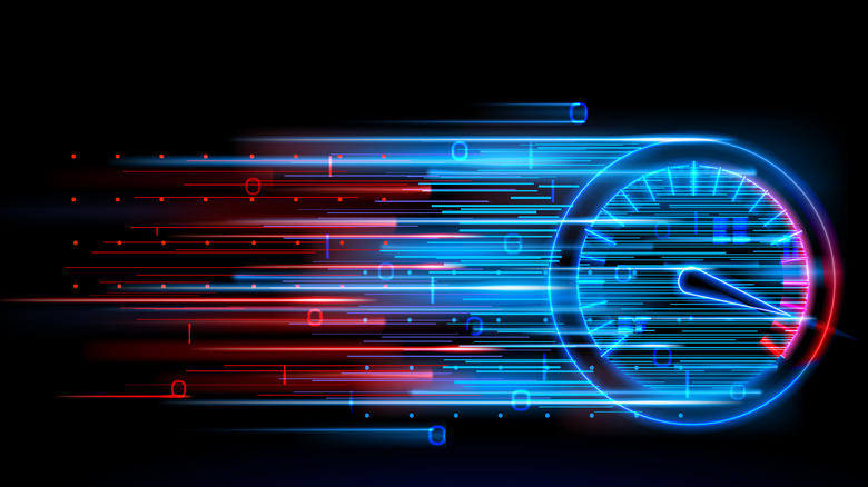 A glowing neon read and blue speedometer with light streaks.