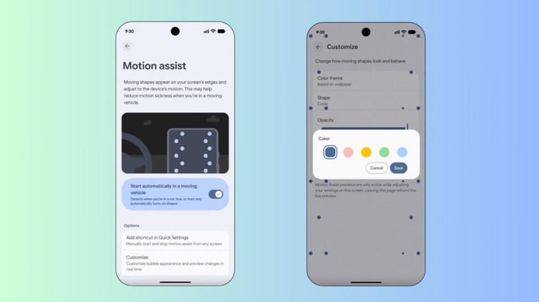 The Motion Assist settings and customization menu on an Android device.