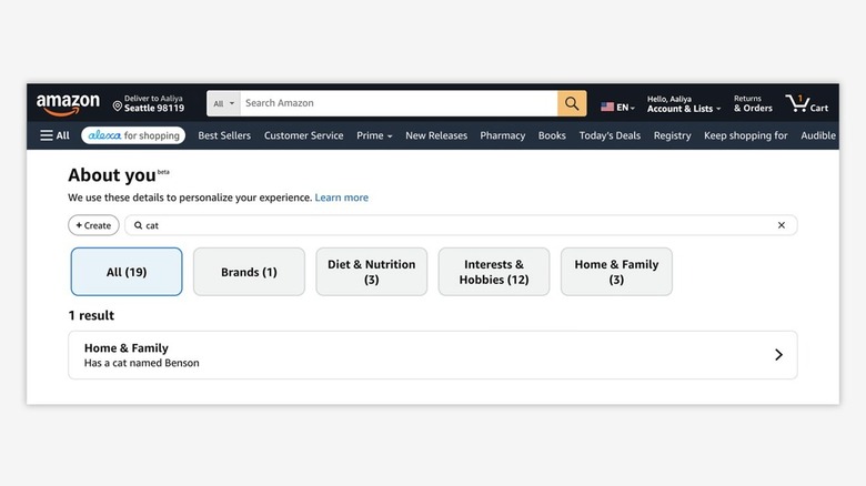 Screenshot of an Amazon About You page, revealing that the user Aaliya 